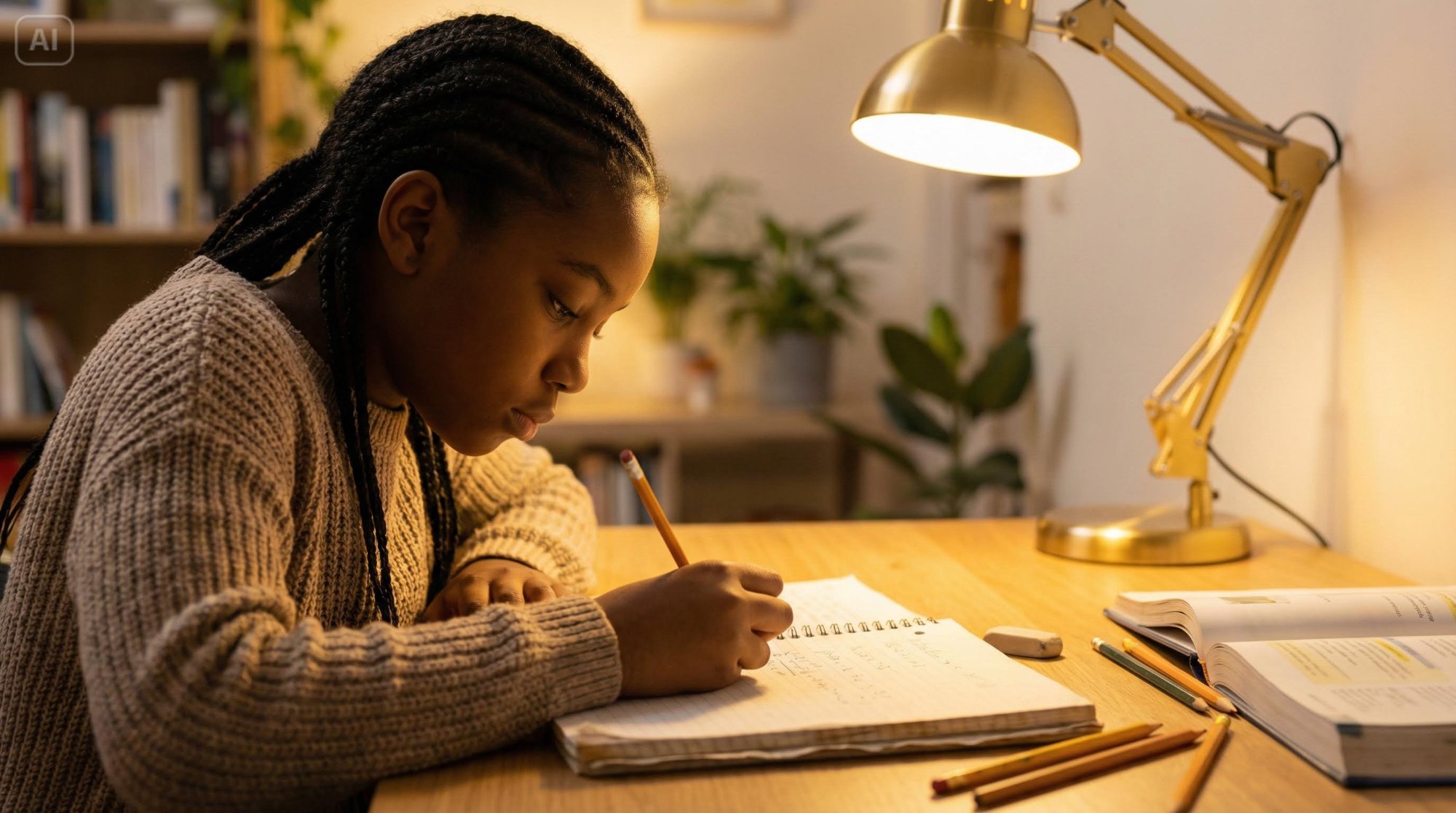 Une élève installée à son bureau, cahier ouvert, qui répond à une séance du Bilan de Rentrée.
